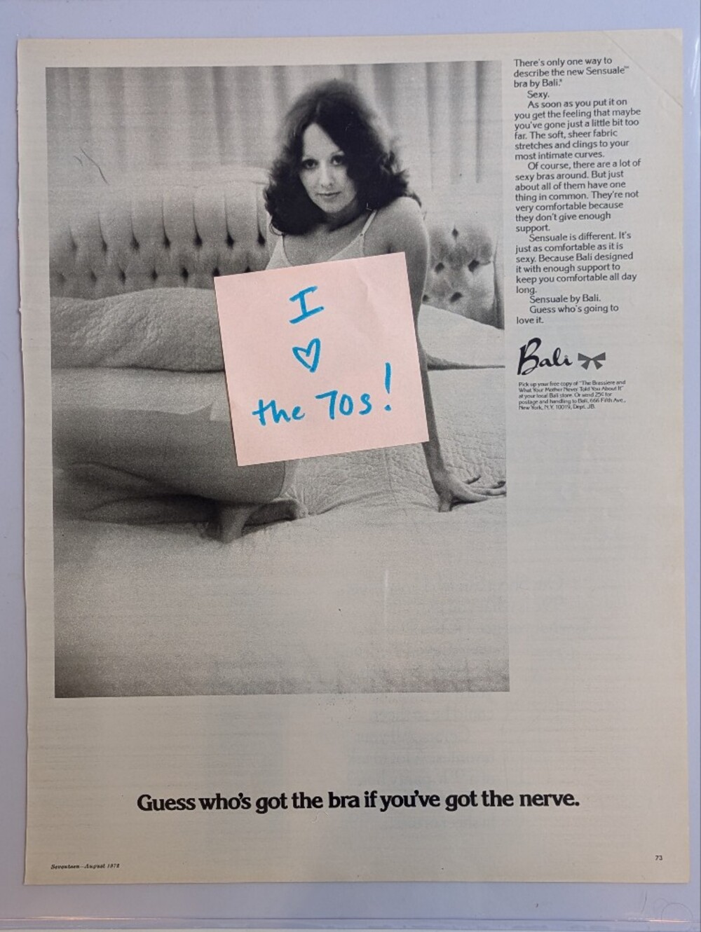 Vintage 1972 Bali Bra Ad, Pantyhose Ad, Seventeen Magazine Print Wall Hanging